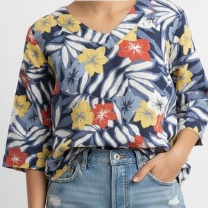 Hot Cotton Tropical Print V-Neck Linen Pull Over Top | Size L